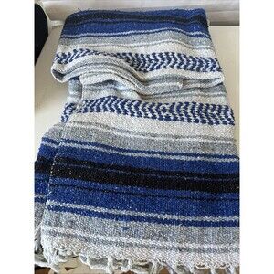 Authentic Mexican Falsa Blanket Dark Blue Serape X Throw Yoga Woven Saltillo